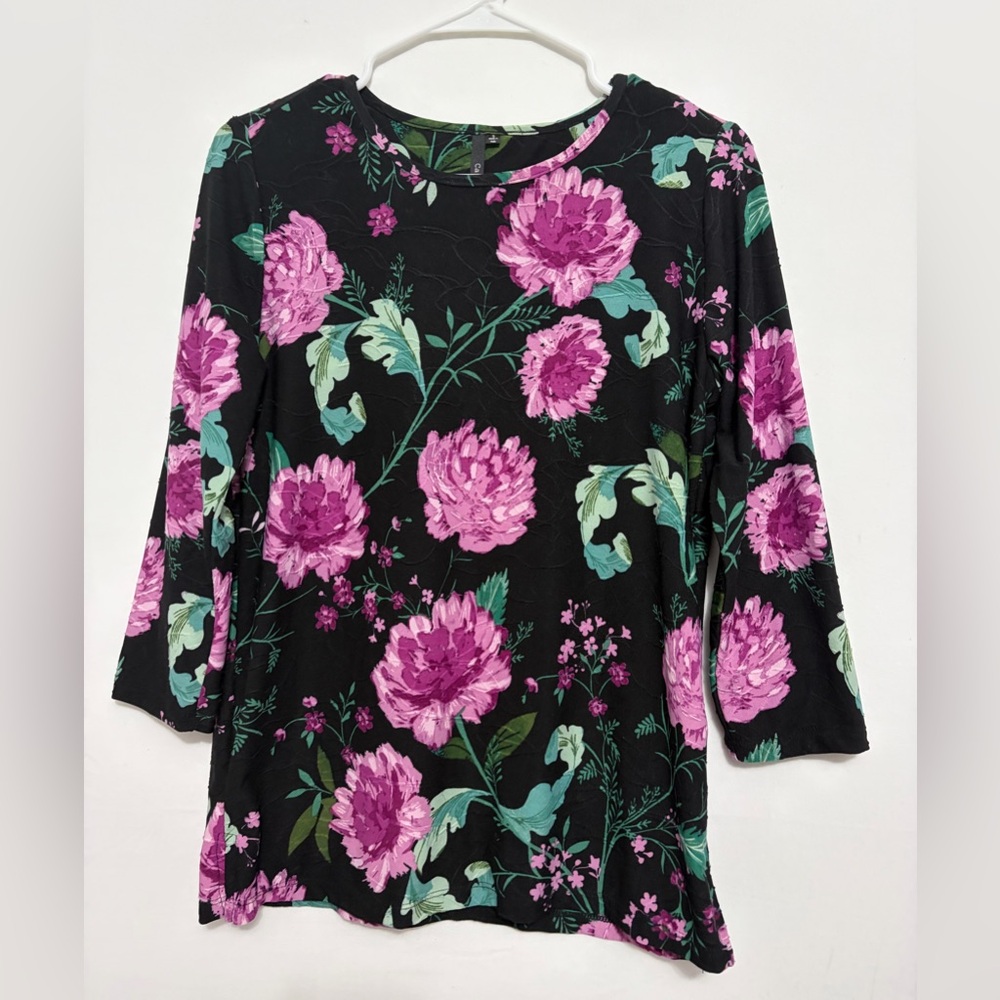 Cathy Women’s S  Floral Blouse Black Purple Green 3/4 Sleeve Stretch Top(A358)